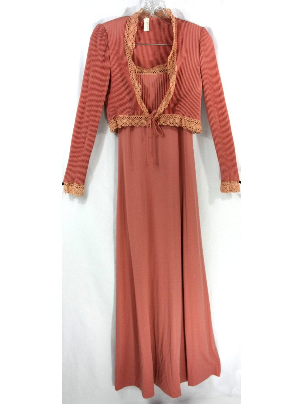 Vintage Rose Pink Lace Trim Maxi Dress Gown and Accordion Pleat Jacket S 1970s